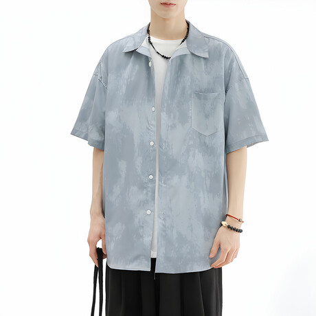 Abstract Pattern Short-Sleeve Oversized Button-Up Shirt // Gray (XS)