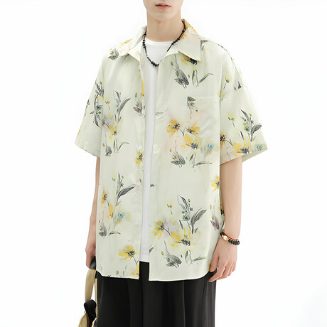 Flower Pattern Short-Sleeve Oversized Button-Up Shirt // Yellow (XS)