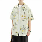 Flower Pattern Short-Sleeve Oversized Button-Up Shirt // Yellow (XS)