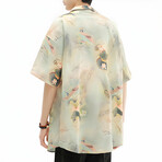 Flower Pattern Short-Sleeve Oversized Button-Up Shirt // Light Yellow (L)