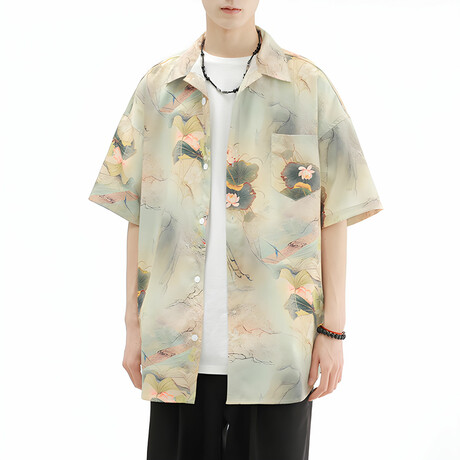Flower Pattern Short-Sleeve Oversized Button-Up Shirt // Light Yellow (XS)
