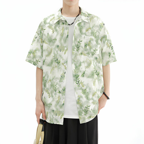 Leaf Pattern Short-Sleeve Oversized Button-Up Shirt // Green + White (XS)