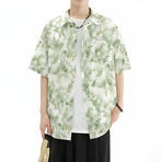 Leaf Pattern Short-Sleeve Oversized Button-Up Shirt // Green + White (XS)