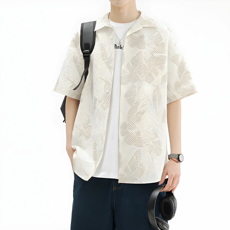 Leaf Pattern Short-Sleeve Oversized Button-Up Shirt // Apricot (XS)