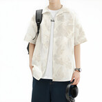Leaf Pattern Short-Sleeve Oversized Button-Up Shirt // Apricot (M)