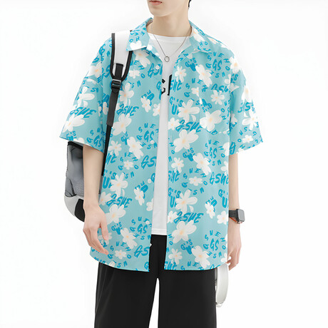 Flower Pattern Short-Sleeve Oversized Button-Up Shirt // Light Blue (XS)