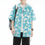 Flower Pattern Short-Sleeve Oversized Button-Up Shirt // Light Blue (L)