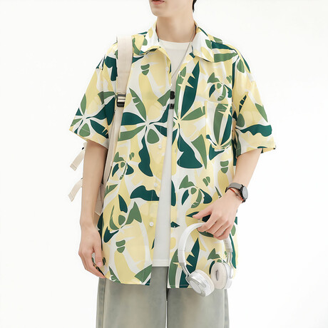 Leaf Pattern Short-Sleeve Oversized Button-Up Shirt // Yellow (XS)