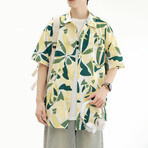Leaf Pattern Short-Sleeve Oversized Button-Up Shirt // Yellow (XS)
