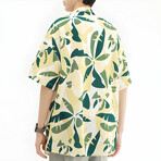 Leaf Pattern Short-Sleeve Oversized Button-Up Shirt // Yellow (XS)