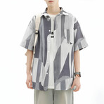 Geometric Pattern Short-Sleeve Overzised Button-Up Shirt // Gray (L)