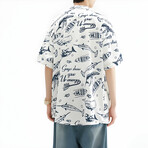 Whales Pattern Short-Sleeve Oversized Button-Up Shirt // White (XS)