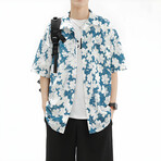 Flower Pattern Short-Sleeve Oversized Button-Up Shirt // Blue + White (XS)