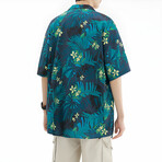 Flower Pattern Short-Sleeve Oversized Button-Up Shirt // Blue + Green (M)
