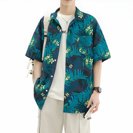 Flower Pattern Short-Sleeve Oversized Button-Up Shirt // Blue + Green (XS)