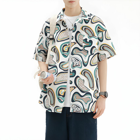 Abstract Pattern Short-Sleeve Oversized Button-Up Shirt // Multicolor (XS)