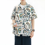 Abstract Pattern Short-Sleeve Oversized Button-Up Shirt // Multicolor (M)