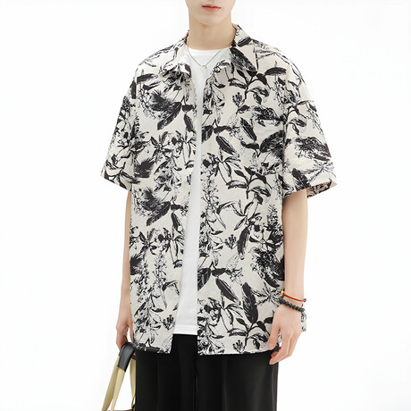 Flower Pattern Short-Sleeve Oversized Button-Up Shirt // Apricot + Black (XS)