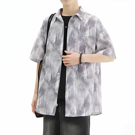 Water Ripple Pattern Short-Sleeve Oversized Button-Up Shirt // Gray (XS)