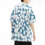 Flower Pattern Short-Sleeve Oversized Button-Up Shirt // Blue + White (XS)