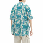 Leaf Pattern Short-Sleeve Oversized Button-Up Shirt // Turquoise + White (XS)