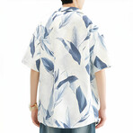 Leaf Pattern Short-Sleeve Oversized Button-Up Shirt // White (M)