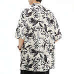 Flower Pattern Short-Sleeve Oversized Button-Up Shirt // Apricot + Black (L)
