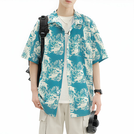 Leaf Pattern Short-Sleeve Oversized Button-Up Shirt // Turquoise + White (XS)