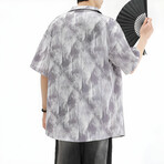 Water Ripple Pattern Short-Sleeve Oversized Button-Up Shirt // Gray (L)