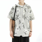 Flower Pattern Short-Sleeve Oversized Button-Up Shirt // Light Green (M)