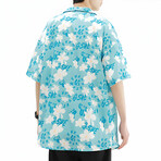 Flower Pattern Short-Sleeve Oversized Button-Up Shirt // Light Blue (L)