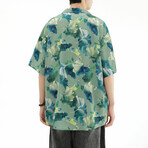 Flower Pattern Short-Sleeve Oversized Button-Up Shirt // Green (M)