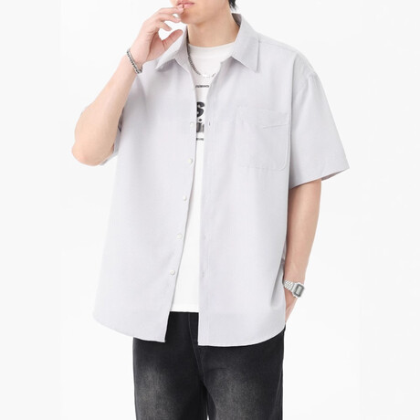 Pinstripe Short-Sleeve Oversized Button-Up Shirt // Gray (XS)