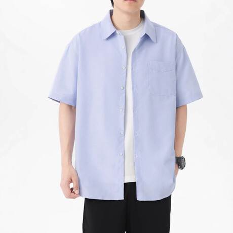 Pinstripe Short-Sleeve Oversized Button-Up Shirt // Blue (XS)