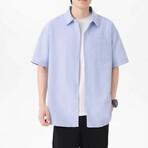 Pinstripe Short-Sleeve Oversized Button-Up Shirt // Blue (XL)