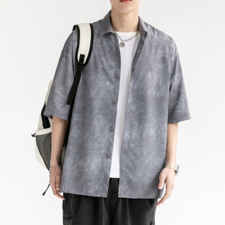 Tie-Dye Pattern Short-Sleeve Oversized Button-Up Shirt // Gray (XS)