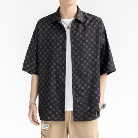 B Pattern Short-Sleeve Oversized Button-Up Shirt // Black (XS)