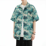 Abstract Pattern Short-Sleeve Oversized Button-Up Shirt // Blue + Green (L)