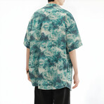 Abstract Pattern Short-Sleeve Oversized Button-Up Shirt // Blue + Green (L)