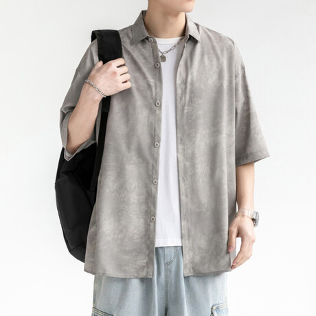 Tie-Dye Pattern Short-Sleeve Oversized Button-Up Shirt // Light Gray (XS)