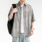 Tie-Dye Pattern Short-Sleeve Oversized Button-Up Shirt // Light Gray (M)