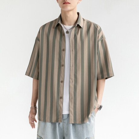 Striped Short-Sleeve Oversized Button-Up Shirt // Brown (XS)