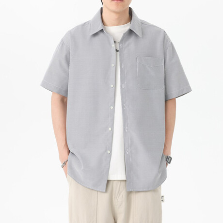 Pinstripe Short-Sleeve Oversized Button-Up Shirt // Black (XS)