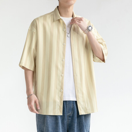 Striped Short-Sleeve Oversized Button-Up Shirt // Yellow (XS)