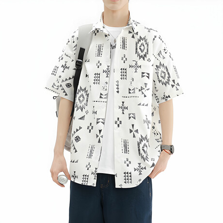Ethnic Pattern Short-Sleeve Ovesized Button-Up Shirt // White (XS)