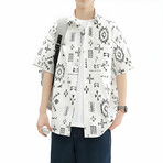 Ethnic Pattern Short-Sleeve Ovesized Button-Up Shirt // White (L)