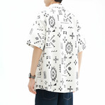 Ethnic Pattern Short-Sleeve Ovesized Button-Up Shirt // White (L)