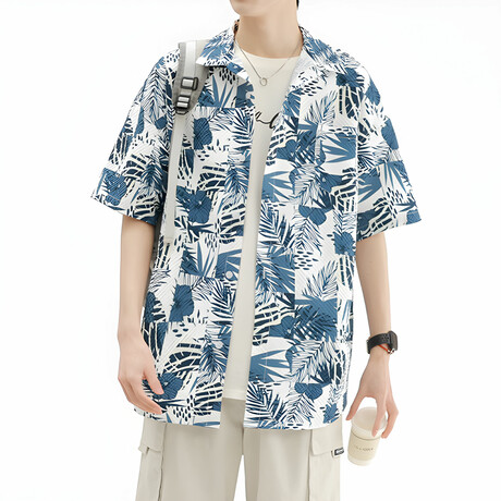 Flower Pattern Short-Sleeve Oversized Button-Up Shirt // Blue (XS)