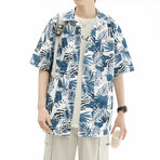 Flower Pattern Short-Sleeve Oversized Button-Up Shirt // Blue (XS)