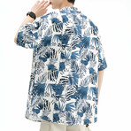 Flower Pattern Short-Sleeve Oversized Button-Up Shirt // Blue (XS)